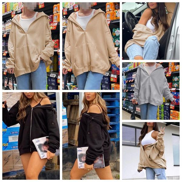 

women's jackets female autumn simple style jacket, solid color zipper open front hooded coat women 2021, Black;brown