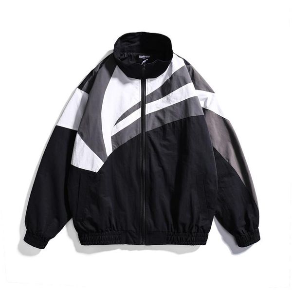 

patchwork jackets men streetwear color block stand collar student oversized coat couple harajuku bomber spring casual outwear men's, Black;brown