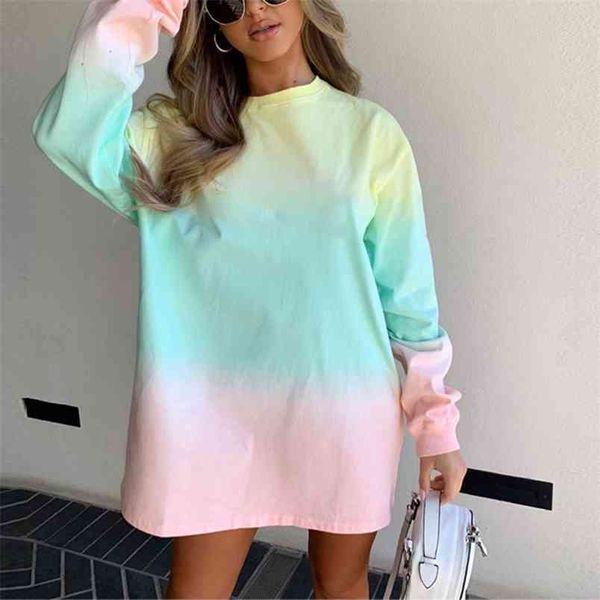 Casual Moda Donna Tie Dye Felpa Top Sfumatura di Colore a Contrasto Manica Lunga Colletto Rotondo Pieno Allentato Pullover T Shirt 210517