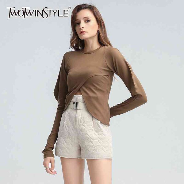 

twowinsyle casual shirt for women o neck puff long sleeve split knitting slim khaki shirts female autumn clothing 210524, White