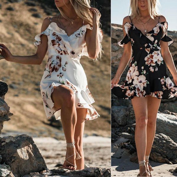 

summer sleeveless v neck women dresses beach sling print ruffle mini casual flying sleeve sundress chiffon holiday, Black;gray