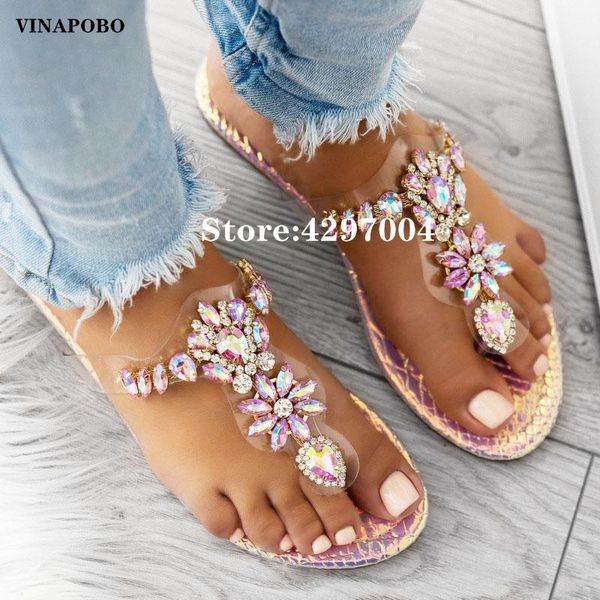 

fashion summer new style crystal flip flops outdoor large size slippers women flat leisure beach slippers vacation sandals, Black
