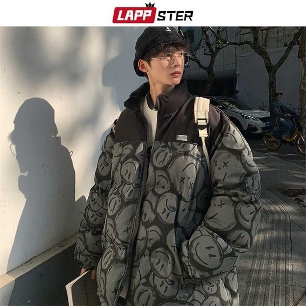 

lappster men japanese streetwear puffer jackets winter mens full print fashions bubble coat couple patchwork thick parkas 211214, Black