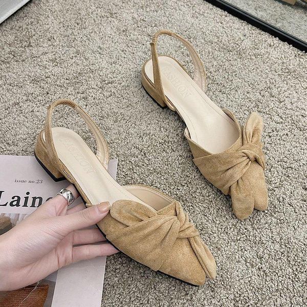 

sandals women's spring and summer bow suede pointed toe shoes versatile hollow single women, Black