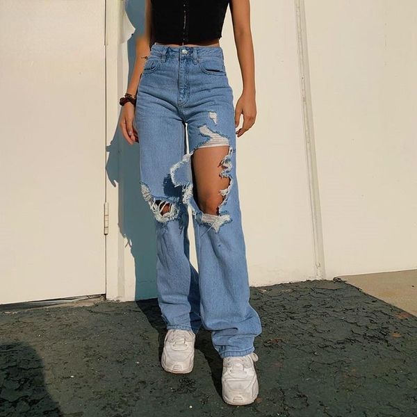 

women's jeans ripped straight women's baggy vintage high waist boyfriends mom y2k denim distressed streetwear 2021 female iamty, Blue