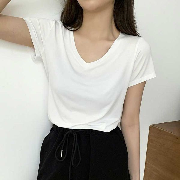 

slim fit short sleeve t-shirt women's solid base shirt summer v-neck tee 210607, White