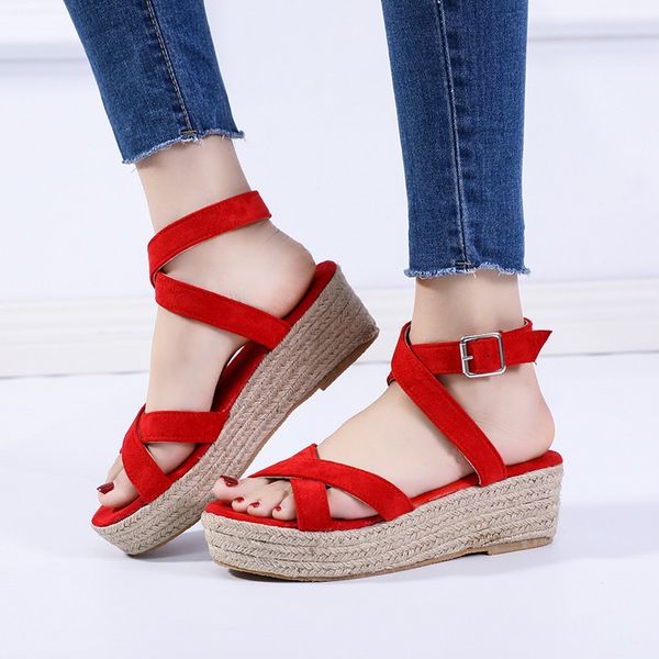 

2021 new summer sandal cross strap roman shoe fashion wedge heel european and american large size, Black