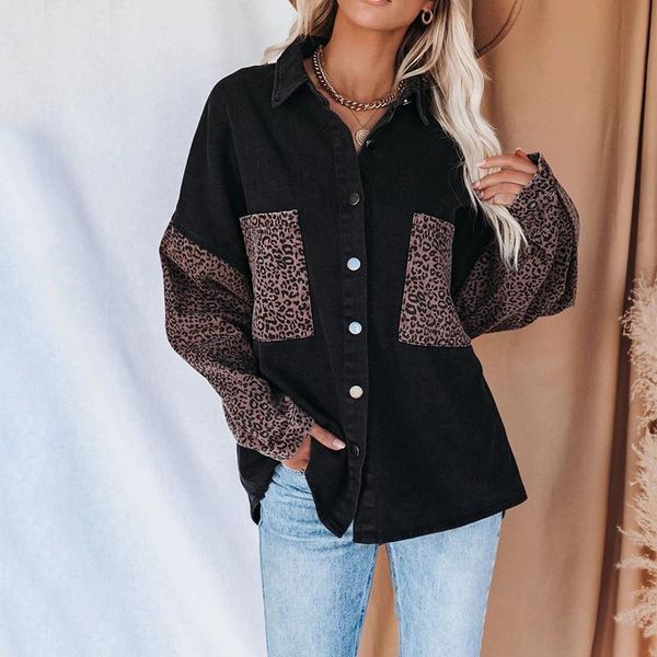 

women's jackets streetwear black leopard partchwork women denim jacket turn down collar button pocket casual female fashion 2021, Black;brown