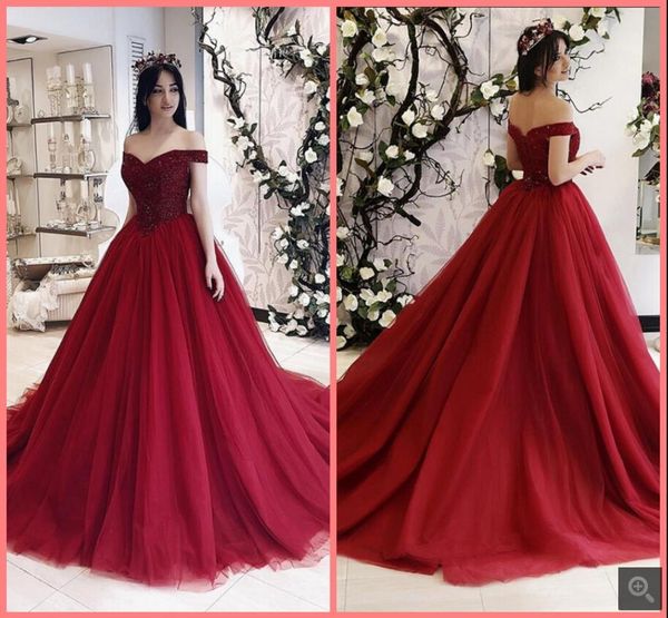 

2021 latest style wine tulle ball gown prom dresses heavily beading sequins sparkly princess puffy party gowns v neckline court train elegan, Black