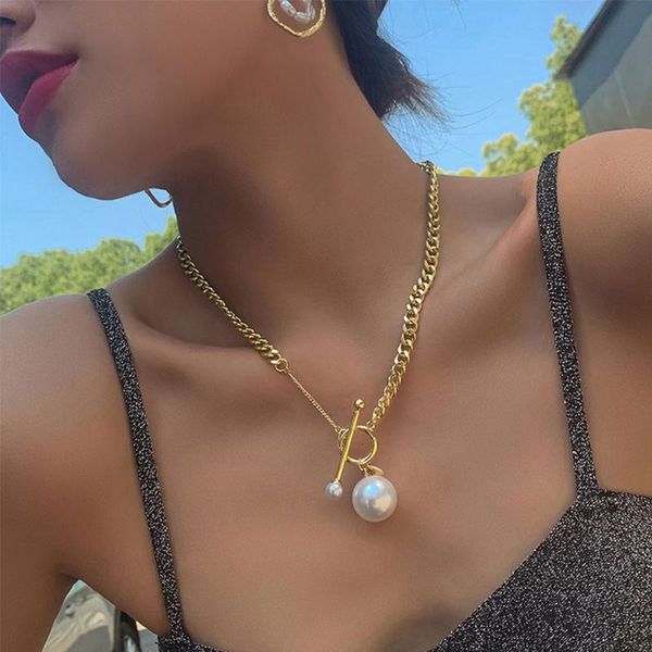 

pendant necklaces big simulated pearl necklace women asymmetric chains collares punk jewelry girls trendy gifts, Silver