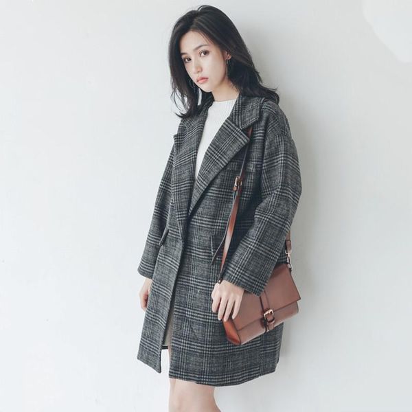 

women's wool & blends autumn winter clothing fashion temperament korean version plus cotton padded plaid woolen coat was thin, Black