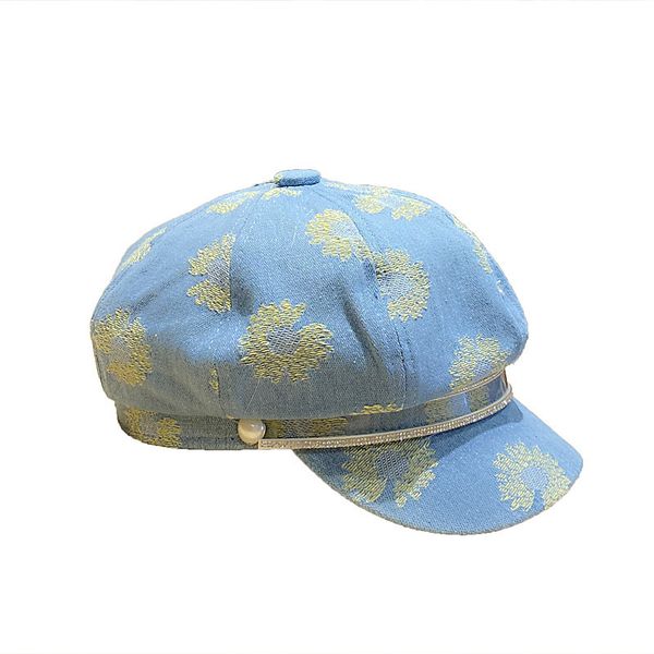 

spring autumn octagonal hat female fashion made broken flower cowboy beret literary and artistic version diamond pearl duck, Yellow