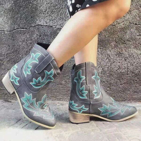 

boots 2021 cowboy women vintage ankle embriodery fashion shoes autumn thick heel cow boy pointed toe, Black