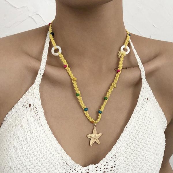 

pendant necklaces bohemian resin leaf starfish necklace for women woven rope chain short female 2021 fashion jewelry, Silver