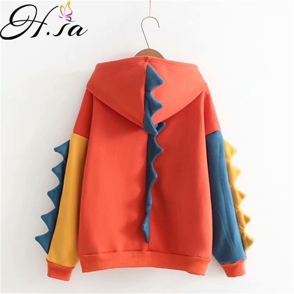 

fashion women's sweatshirts hoodies autumn winter sweet cute patchwork dinosaur velvet pullovers hooded female 210430, Black