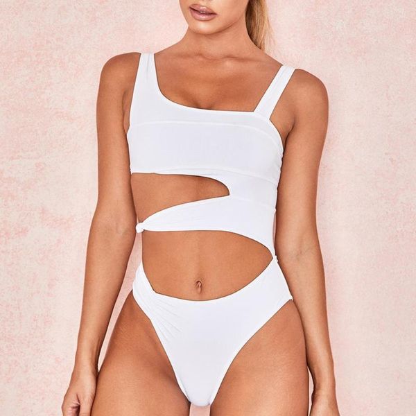 

summer women solid color padded one piece swimsuit hollow out swimwear monokini women's, White;black