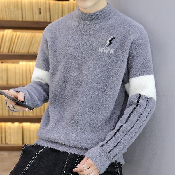 

men's sweaters mink cashmere half high neck sweater bottom winter plush thick youth korean trendy round, White;black