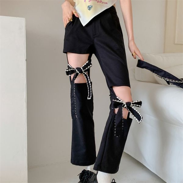 

women pants korean fashion casual lace rim irregular bow hollow out long design high-end straight all-match trousers 210514, Black;white