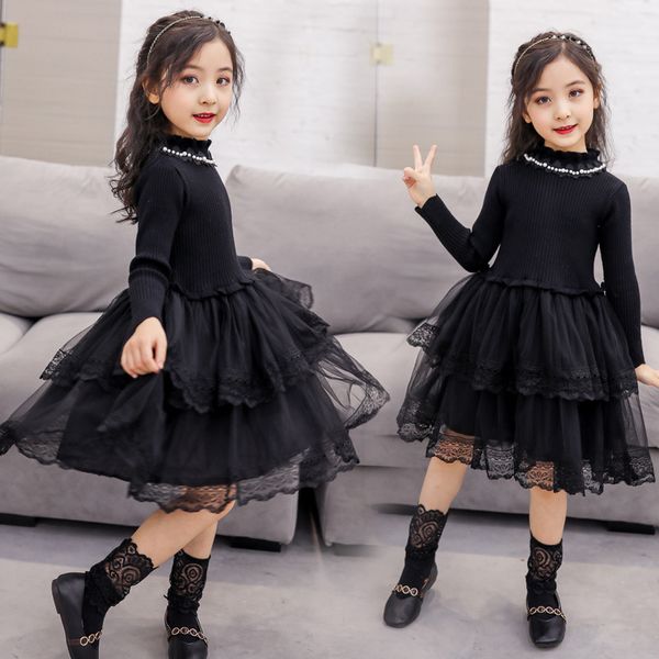 

baby girls dresses formal princess dress pearl lace tutu autumn winter party children girl clothes wedding kids warm knits dress, White