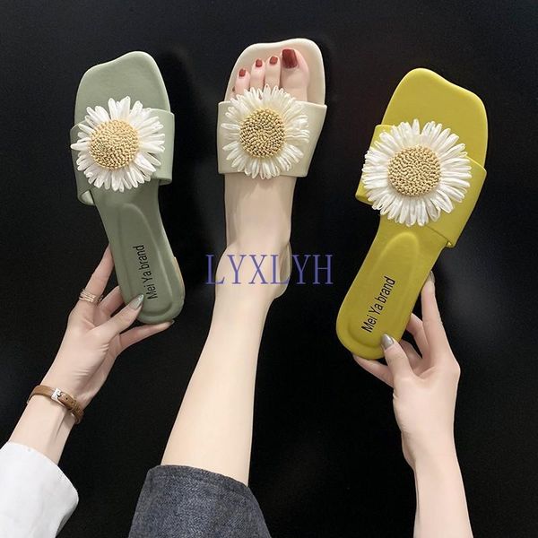 

design summer outer wear slippers small daisies beach drag woman shoes flat with leisure slides fashion flower fresh, Black