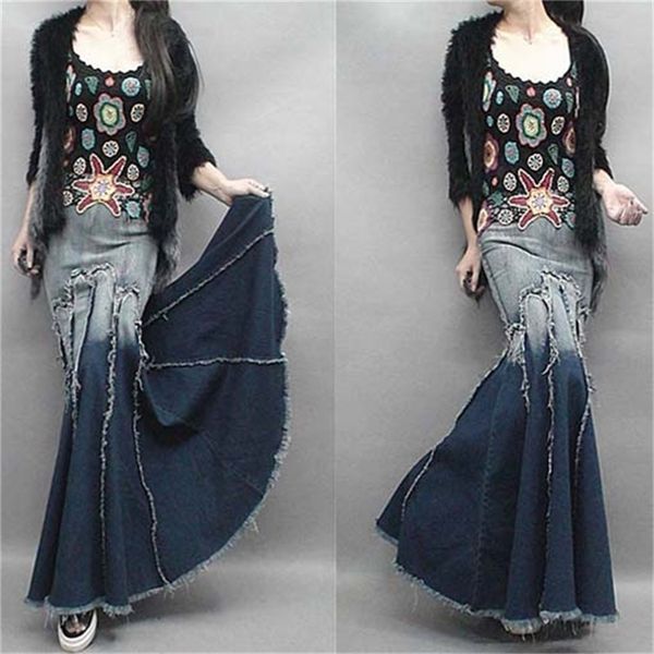 Design Farbverlauf Fischschwanz Denim Rock Frauen Knöchellangen Lange Meerjungfrau Trompete Empire Hohe Taille Jeans B98693 210421