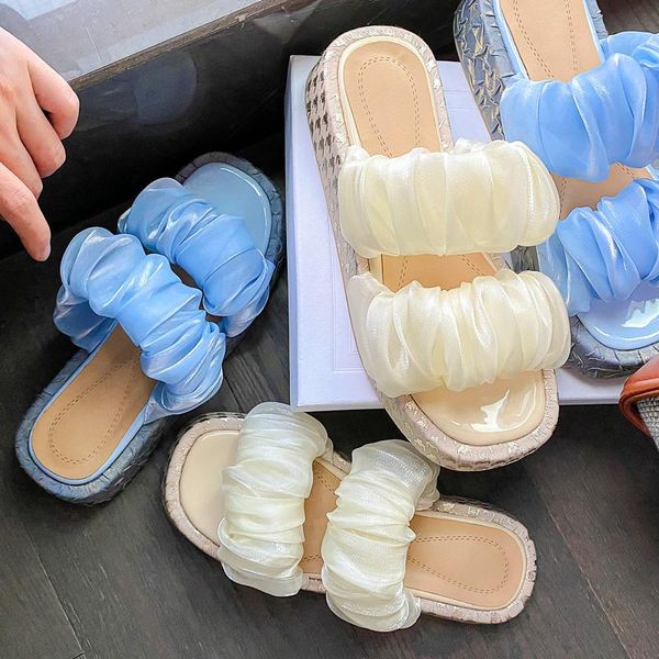 

slippers silk women platform 2021 summer beach casual slides flat shoes fashion comfortable blue yellow chunky, Black