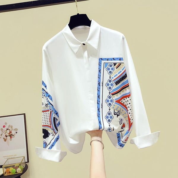 

women's blouses & shirts luxury design 2021 autumn fashion turn down collar retro print shirt ladies long sleeves a3796, White