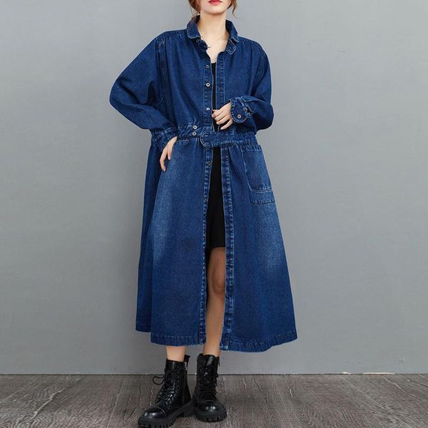 

women's trench coats #0150 blue black long coat for women large size full sleeve loose denim ladies retro female overcoat, Tan;black