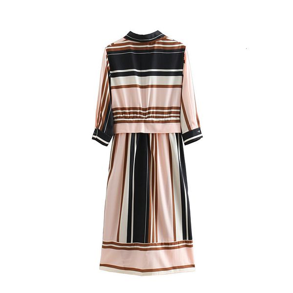 

autumn dresses women's casual striped shirt style mid long skirt with belt side slit dress, Black;gray