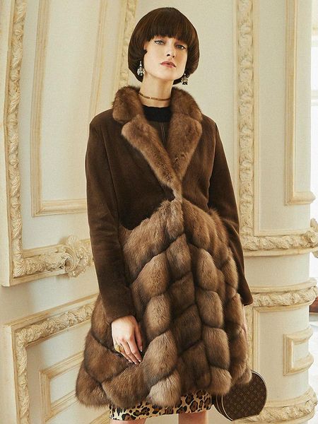 

women's fur & faux arlenesain custom 2021 design dark brown color sable patchwork mink dress style women jacket, Black