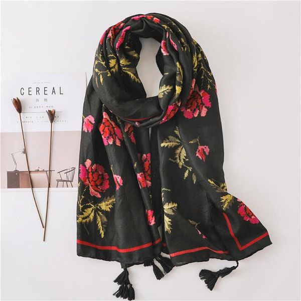 

black floral scarf for women hijab stylish rose long shawl fashion large blanket warm wrap [3572] bandanas, Blue;gray
