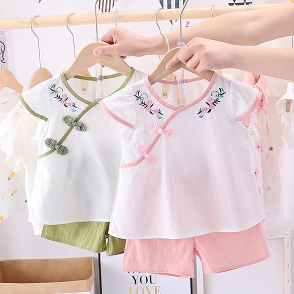 

clothing sets 2021 elegant chinese style children's tang suit summer baby girls t-shirts vest shorts 2pcs infant hanfu outfits1, White