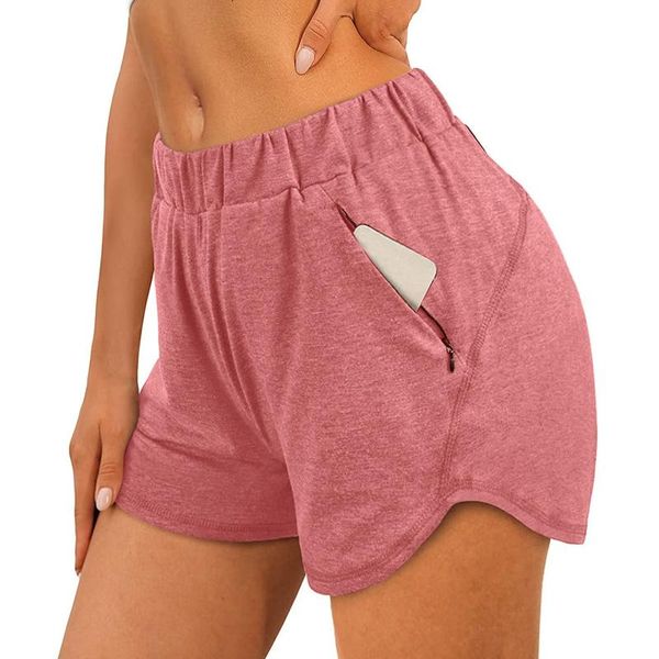 

women's shorts workout running zipper pockets athletic elastic high waist female solid home sport t5, White;black