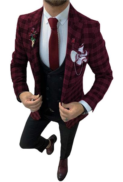 

men's suits & blazers plaid notch lapel burgundy tuxedos slim fit leisure coat groomsmen for wedding (blazer+vest+pants), White;black