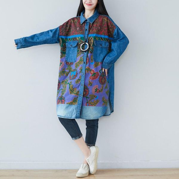 

women's jackets spacious jeans, big with hip-hop printing, casual wear, jeans robe, Black;brown