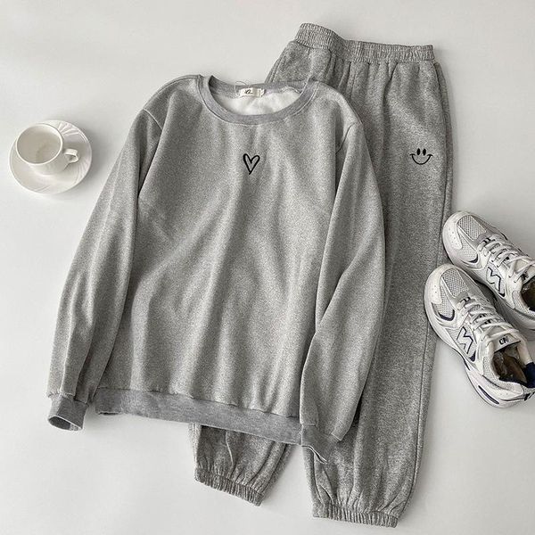

women's two piece pants sports fashion suit women plush loose slim two-piece femme casual gray pant set autumn warm wear twinset, White