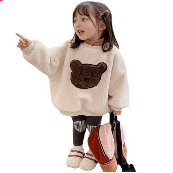 Sonbahar Kış Çocuk Tişörtü Moda Gevşek Erkek Kız Hoodies Kalınlaşmak Kuzu Yün Kazak Çocuk Bebek Giyim Tops