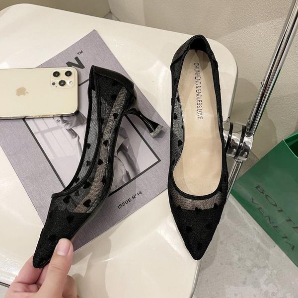 

dress shoes pointed net yarn single breathable comfortable womens summer shallow mouth stiletto heel temperament, Black