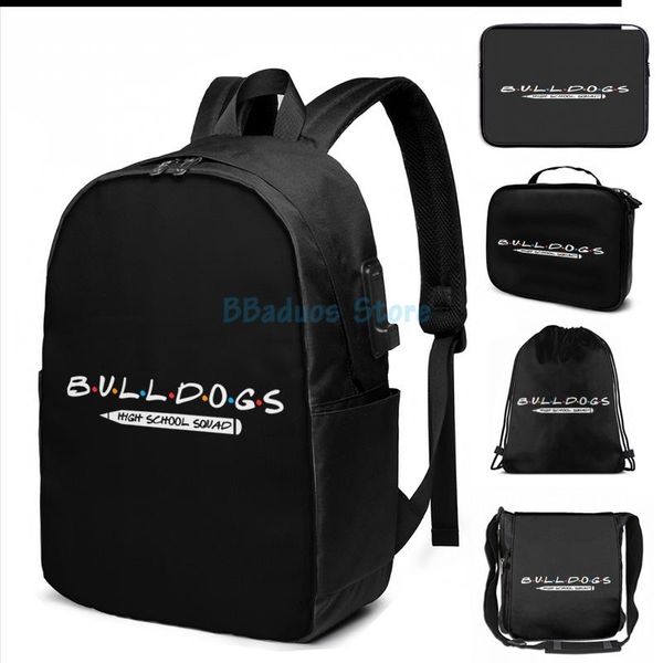 

funny graphic print bulldogs high school squad usb charge backpack men bags women bag travel laptop