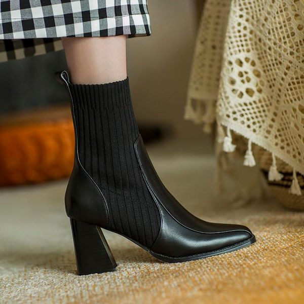 

boots genuine cow leather women's thick bottom 2021 autumn british style square toe heel ankle women, Black