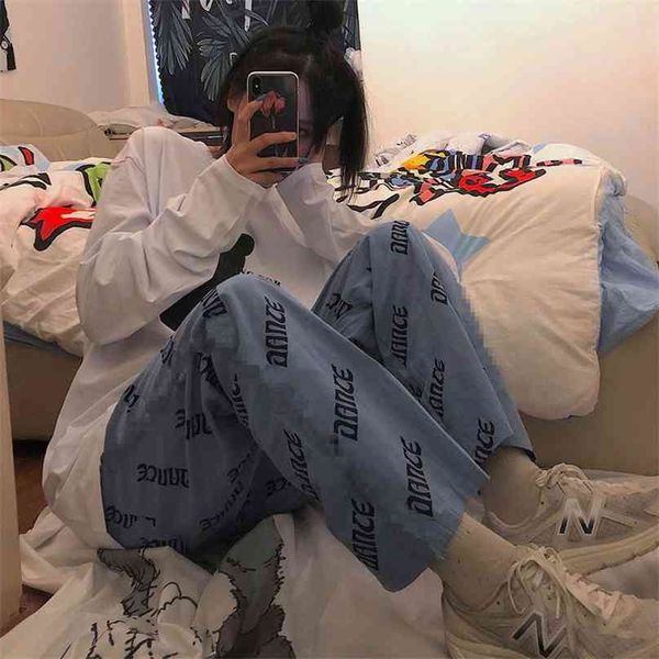 HOUZHOU Oversize Print Breite Bein Hosen Frauen Koreanische Mode Street Style Blau Jogger Hosen Weibliche Harajuku Jogging Jogginghose 210925