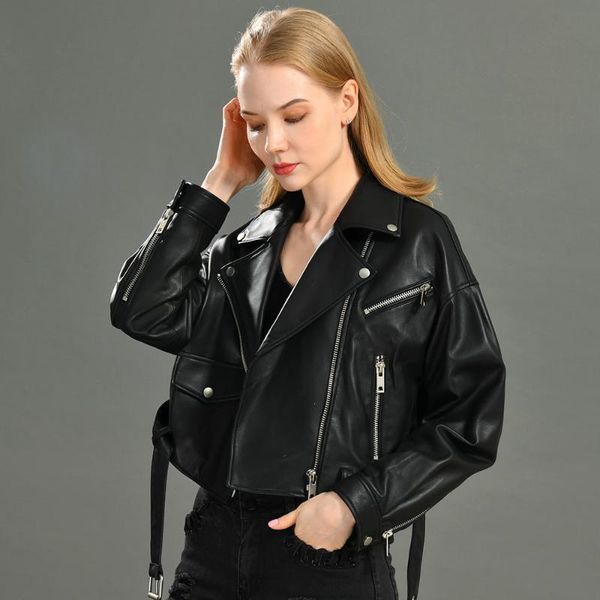 

women's leather & faux women real jacket autumn cool style short motorcycle with belt genuine sheepskin classic jackets, Black
