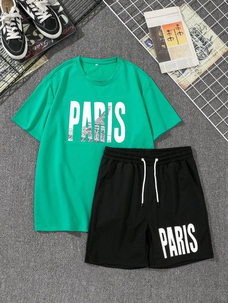 

men letter and iron tower print tee & drawstring waist shorts v2u8#, Gray