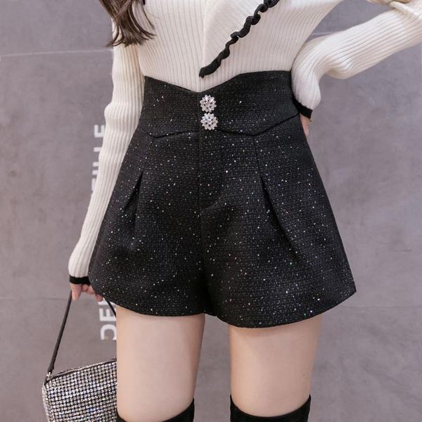 

women's shorts rhinestone buttons feminino temperament high waist sequined tweed black women 2021 autumn fashion short mujer, White;black