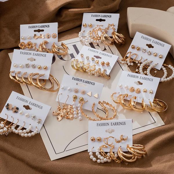 

hoop & huggie fashion geometric women's earrings set gold for women statement vintage metal circle pearl 2021 jewelry, Golden;silver