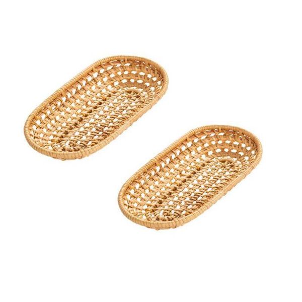 

storage baskets 2pcs rattan bread oval hand-woven tea tray home decoration