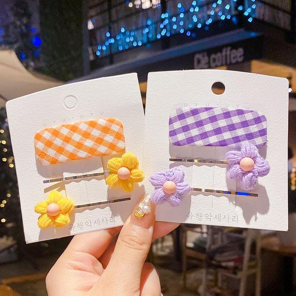 

pcs/set children cute colors knitting flower ornament hair clips girls rectangle plaid barrettes hairpins kid accessories, Slivery;white