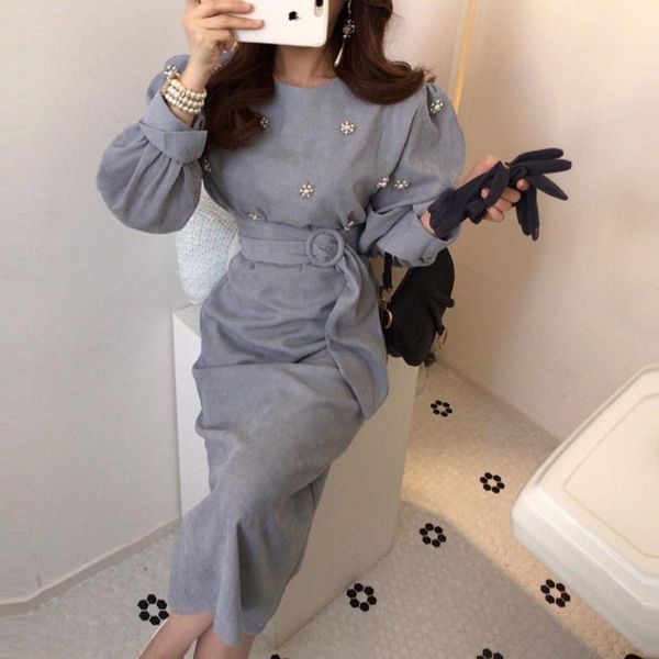

casual dresses 2021 spring elegant o-neck beading corduroy dress women puff sleeve high waist sashes belted female vestidos, Black;gray