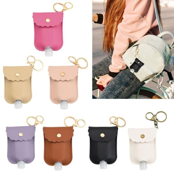 

keychains portable squeeze bottle empty leakproof plastic travel for hand sanitizer with leather keychain holder clips, Silver