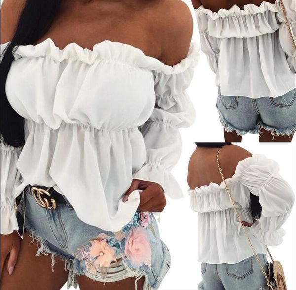 

vintage off shoulder women shirt casual party jeans cotton denim chiffon solid blouse, White